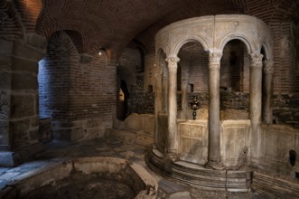 Interior view of the crypt, remains of the Roman baths, Hagios Demetrios church, also known as