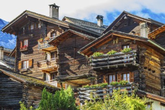 Old wooden houses in the historic village centre, Grimentz, Val d'Anniviers, Valais Alps, Canton