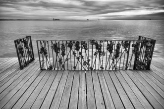 Pier, rusty love locks, promenade, black and white, Thessaloniki, Macedonia, Greece, Europe