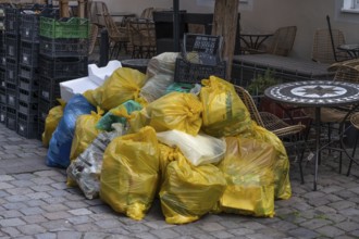 Yellow bags compiled for collection, Erlangen, Middle Franconia, Bavaria, Germany, Europe