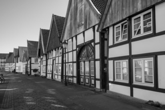 Half-timbered houses in the old town, black and white, Rheda, Rheda-Wiedenbrück, Westphalia, North
