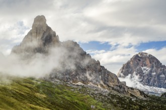 Ra Gusela in the fog and Tofane, Passo di Giau, Dolomites, Belluno, Italy, Europe