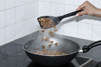 Woman Hand Holding and Using a Big Spoon to Cooking Beans with a Frying Pan in Kitchen in