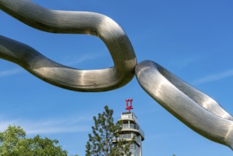 The Grugapark, Gruga Tower and Orion artwork, on the Kranichwiese, in Essen, North
