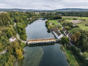 Aerial view of the covered Rhine bridge connecting the Swiss municipality of Rheinau and the German