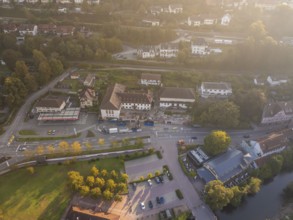 Wide-angle aerial view of an urban area with many streets, buildings and trees, Badischer Hof,