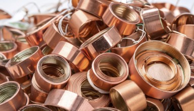 Material, metal, copper, a large amount of copper metal waste on a stockpile for recycling