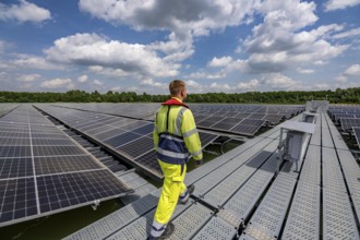 Germany's largest floating solar power plant on the Silbersee III, a quarry pond no longer used for