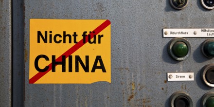 Sticker Not for China, Henrichshütte where parts of the plant were sold to China, Hattingen, Ruhr