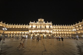 Illuminated town hall at Plaza Mayor at night, Salamanca, province of Salamanca, Castile and Leon,
