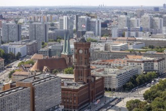 City view. View of the Rotes Rathaus, Nikolaikirche and prefabricated buildings. Berlin, Germany,
