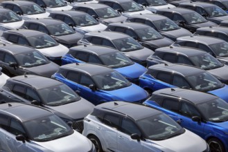 Duisburg, North Rhine-Westphalia, Germany - New cars, transhipment centre, car terminal in Duisburg