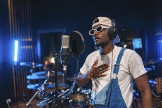 Talented african american male singer wearing trendy sunglasses and headphones, performing a song