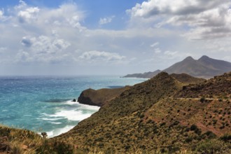 Mirador de La Amatista with views of the rocky coast and turquoise sea, coastline at La Isleta,