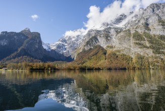 Königssee with Watzmann massif, autumnal mountain landscape reflected in the lake, Berchtesgaden