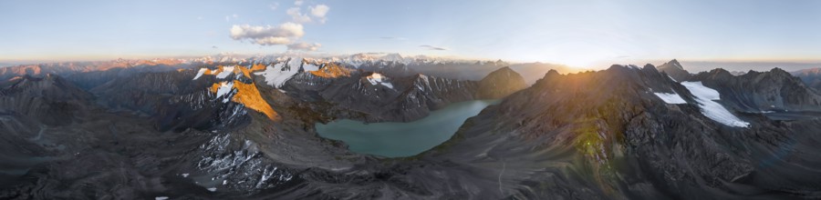 Evening mood, mountain panorama, aerial view, 4000 metre peak with glacier, mountain pass and