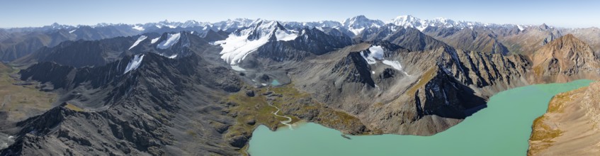 Mountain panorama, aerial view, 4000 metre peak with glacier, mountain pass and mountain lake
