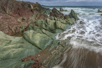 Colourful rocks, rock, coast, sea, waves, cloudy, Varanger Peninsula, Norway, Europe