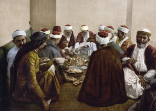 Druze from Mount Carmel at a meal, Holy Land (i.e. Israel), Historical, digitally restored