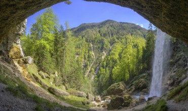 You can walk behind the Pericnik waterfall, Mojstrana, Kranjska Gora, Slovenia, Europe