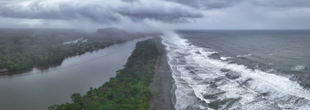 Aerial view, beach and sea, coast with rainforest, Tortuguero National Park, Costa Rica, Central
