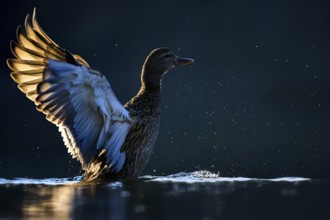 Mallard (Anas platyrhynchos) female, bathing, backlight, water droplets, close-up, on the water,