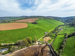 Farms and Fields over River Teign from a drone, Teignmouth, Shaldon, Devon, England, United
