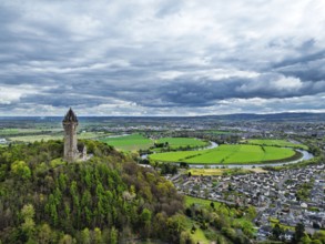 The National Wallace Monument or William Wallance Monument from a drone, Stirling, Scotland,