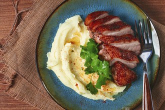 Roast duck breast, sliced with mashed potatoes, on a plate, close-up, no people