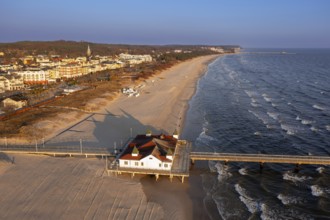 Aerial view over restaurant on Ahlbeck Pier/ Seebrücke Ahlbeck in the Baltic Sea on Usedom island,