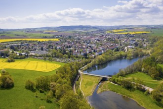 Aerial view of the town of Dippoldiswalde and the Malter reservoir, Erzgebirge, Saxony, Germany,