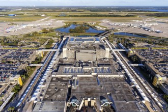 Aerial view of Orlando International Airport with Terminal Concourses Airside 2 and 4 in Orlando,