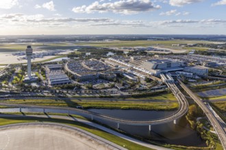 Aerial view of Orlando International Airport with terminal and tower in Orlando, USA, North America
