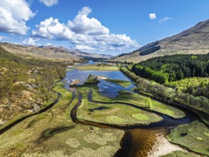 Loch Dochart and River Fillan from a drone, Highlands, Scotland, United Kingdom, Europe