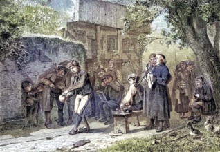 Bowling alley, Bowling on a sand alley at the church fair, Bavaria, Germany, coloured woodcut from