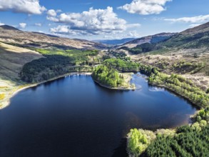 Mountains over Loch Iubhair from a drone, Crianlarich, Highlands, Scotland, United Kingdom, Europe