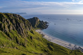 View of picturesque coastal landscape, Høyvika beach and sea, hike to the summit of Måtind, Andøya