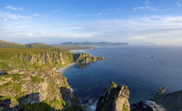 View from the summit of Måtind or Måtinden, view of picturesque coastal landscape, Høyvika beach