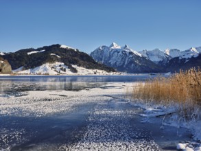 Frozen Sihlsee, reservoir, behind the snow-covered mountains Flübrig and Druesberg, Euthal, Canton