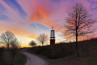 Artwork Geleucht by Otto Piene at sunrise, Rheinpreussen slag heap, Moers, Ruhr area, Lower Rhine,