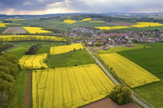 View of Tiftlingerode between blooming rape fields in rain and sunshine, Duderstadt, Lower Saxony,