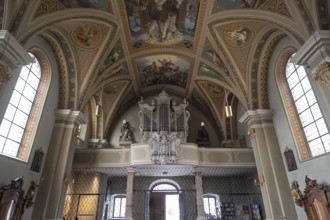 Organ loft of the parish church Mariä Himmelfahrt, Thaur, district Innsbruck, Tyrol, Austria,