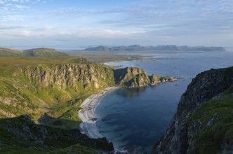 View from the summit of Måtind or Måtinden, view of picturesque coastal landscape, Høyvika beach