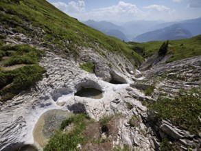 Glacier mill with glacier pots on the Trinser Alp Mora, Trin, Canton Graubünden, Switzerland,