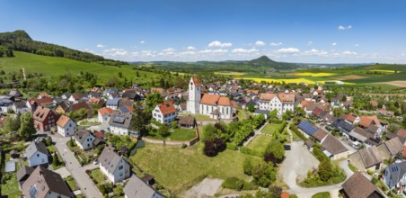 Aerial view, panorama, view of the municipality of Weiterdingen in Hegau with the church of St