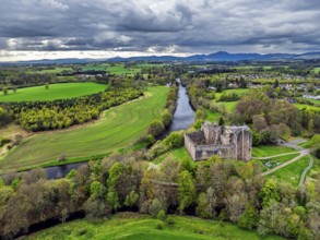 Doune Castle from a drone, Doune, Stirling, Scotland, England, United Kingdom, Europe