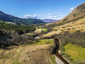Glen Nevis Valley and River Navis from a drone, Fort William, Lochaber, Highland, Scotland, United