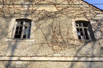 Façade with 2 smashed wooden windows on the gable, former mill of Töpeln, Döbeln, Saxony, Germany,