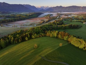 Aerial view, trees, forest, meadow, light green leaves, morning light, fog, mountains, sunny,