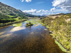 Loch Dochart and River Fillan from a drone, Highlands, Scotland, United Kingdom, Europe